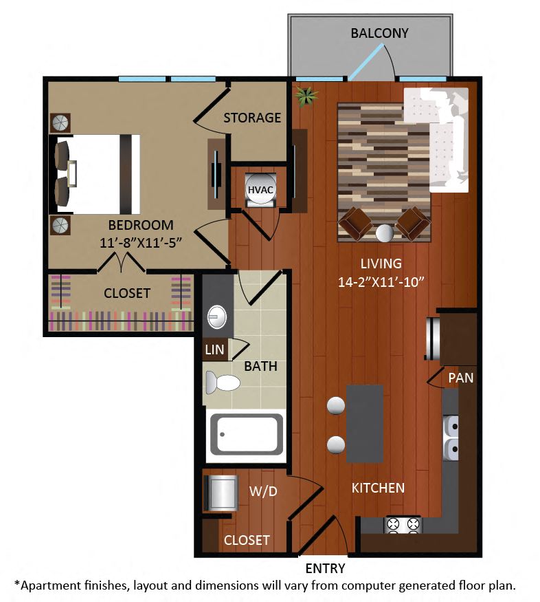 Floor plan for 1 bed, 1 bath, 705 sqft